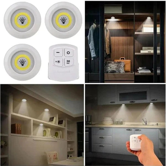 Pack of 3 LED Remote Control Tap Lights – Self-Adhesive for Cabinet, Wardrobe & Kitchen